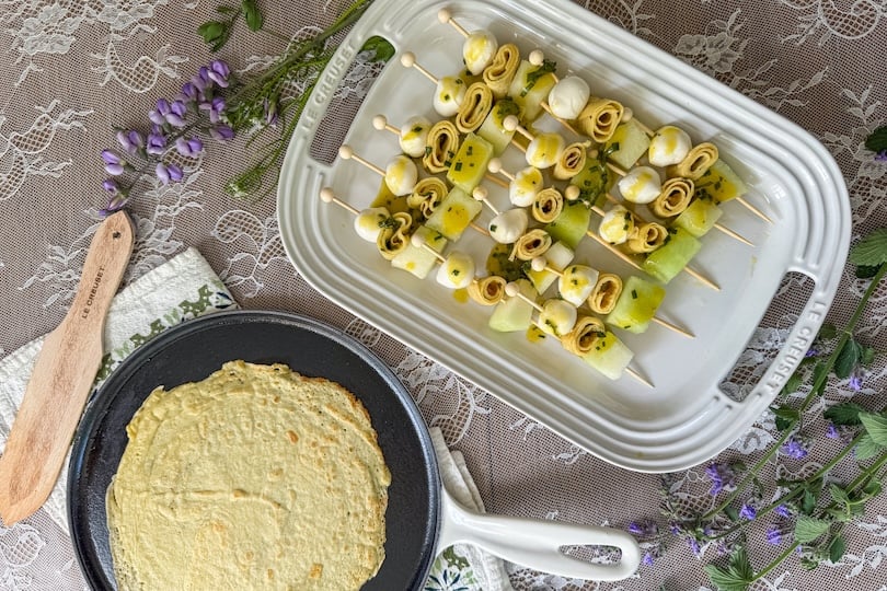 Melon, Mozzarella, and Crepe Skewers with Herby Dressing